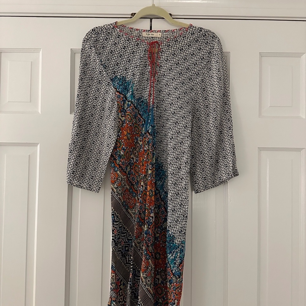 Kyla Seo Anthropologie Womens Multicolored Floral Boho Long Tunic Dress Sz Small